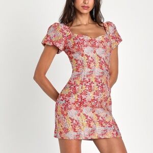 Sweetest Essence Blush Floral Jacquard Puff Sleeve Mini Dress